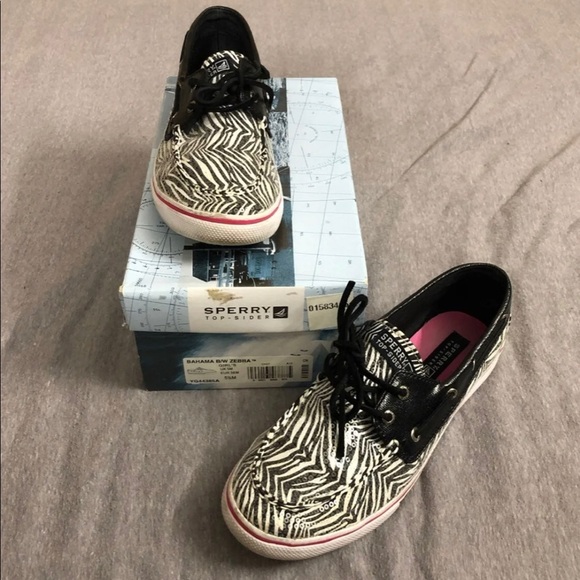 Used Sperry Zebra Sequin Boat Shoes Girls 5.5 - Picture 1 of 5